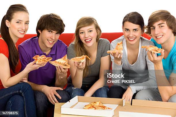 Five Friends Eating Pizza Stock Photo - Download Image Now - Adult, Beautiful People, Beautiful Woman