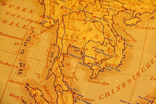 Old map of the south east asia, once called Siam. Including Thailand, Myanmar, Malaysia, Laos, Vietnam, Cambodia and a part of south China.