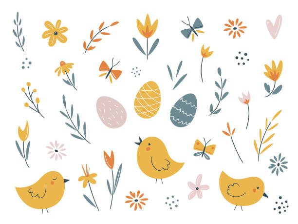 부활절 봄은 귀여운 계란, 병아리, 꽃, 나비로 설정됩니다. 손으로 그린 평평한 요소. 포스터, 카드, 스크랩북, 태그, 초대장, 스티커 키트에 적합합니다. 벡터 그림 - easter egg retro revival tulip decoration stock illustrations