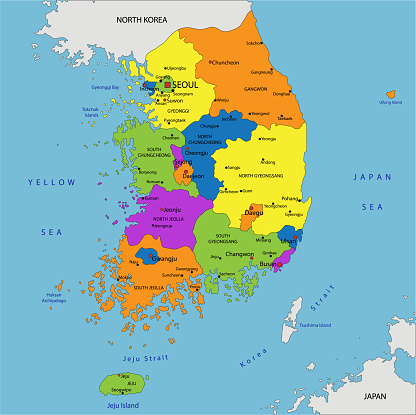 Colorful South Korea  political map with clearly labeled, separated layers. Vector illustration.