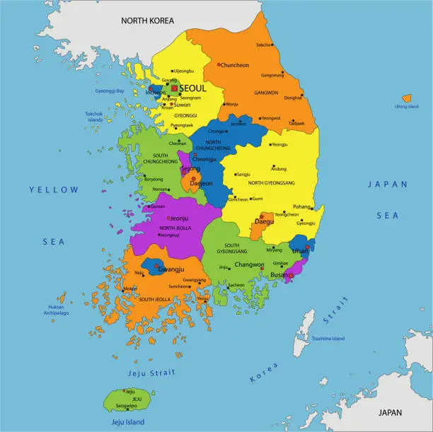 Vector illustration of Colorful South Korea  political map with clearly labeled, separated layers. Vector illustration.