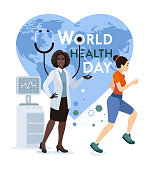 istock Medical staff character and running woman. Celebrating world health day. 1477088814