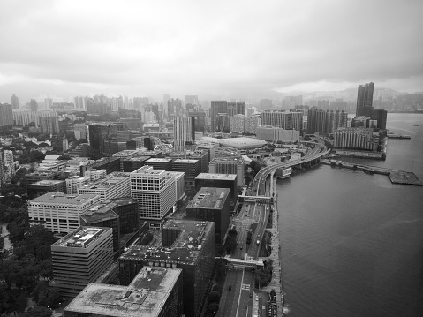 Panoramic black and white view of Chicago during a sunset. Travel destination. Lake Michigan in the background