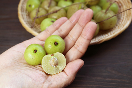 Fresh Indian Gooseberries or Amla Cross Section with Whole Fruits in Hand