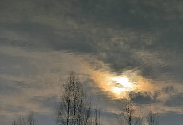 Reflection in the water of the sky with clouds, the setting sun and trees. Ripples on the water of the lake