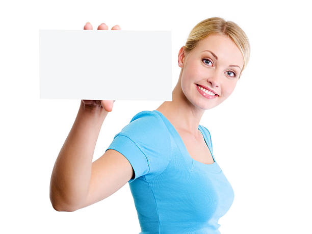 istock woman with small blank  card 147709453