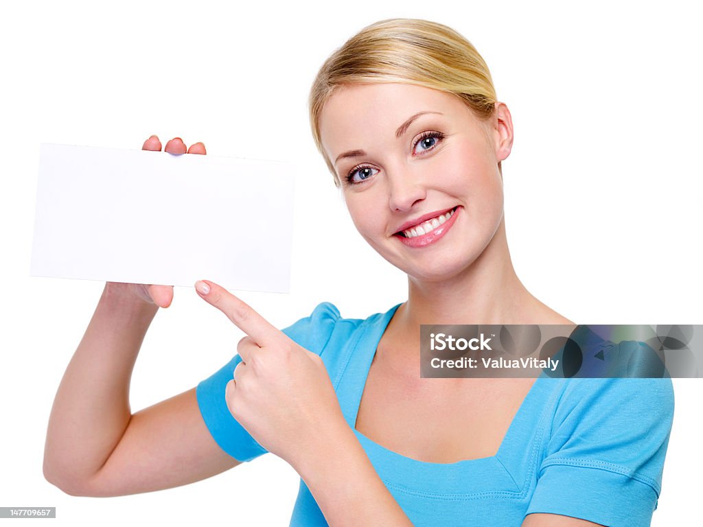 Femme blonde avec carte blanche - Photo de Carte de voeux et d'anniversaire libre de droits