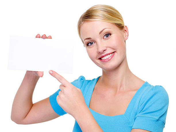 istock BLond woman with white card 147709657