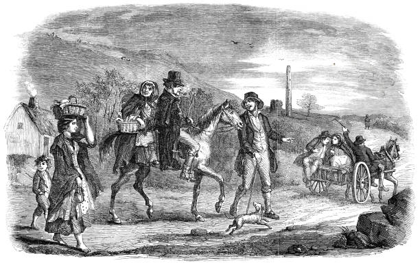 istock Returning from market, farmer people riding, walking and traveling by horsedrawn carriage, county of Kilkenny 1477097996