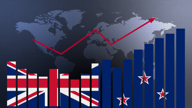istock New Zealand bar chart graph with ups and downs, increasing values, concept of economic recovery and business improving, businesses reopen, politics conflicts, war concept with flag 1477099742