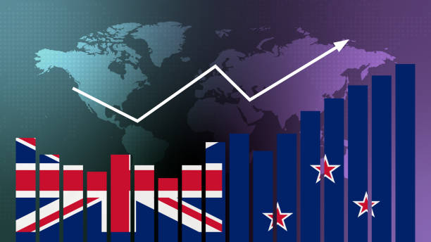 istock New Zealand bar chart graph with ups and downs, increasing values, concept of economic recovery and business improving, businesses reopen, politics conflicts, war concept with flag 1477099996