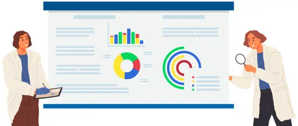 Vector illustration of Scientist works with data analytics and research of statistics. Woman with loupe looking at chart