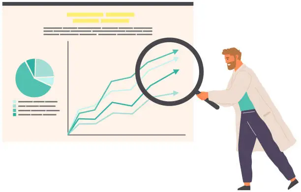 Vector illustration of Scientist works with data analytics and research of statistics. Man with loupe looking at chart