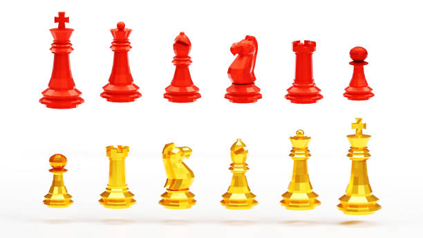 istock Set of all chess pieces in red and gold on white background, 3D rendering 1477102473