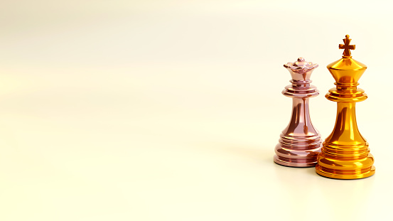Queen and king chess pieces on color background, 3D rendering