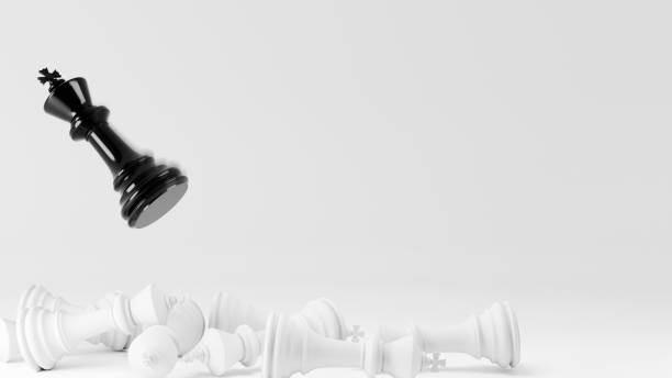 istock Dethrone of a black king chess on white background, 3D rendering 1477102493