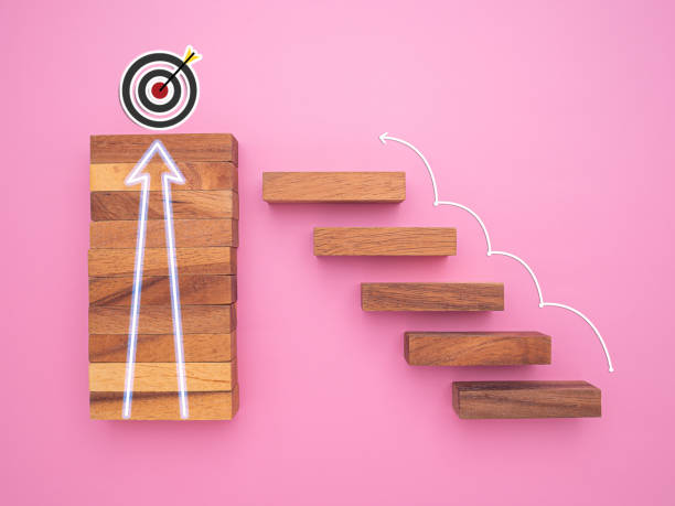 istock Wooden blocks stair with white line effect on pink background. 1477102729