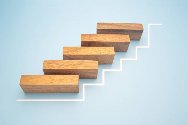 istock Wooden blocks stair with white line effect on a blue background. 1477102753