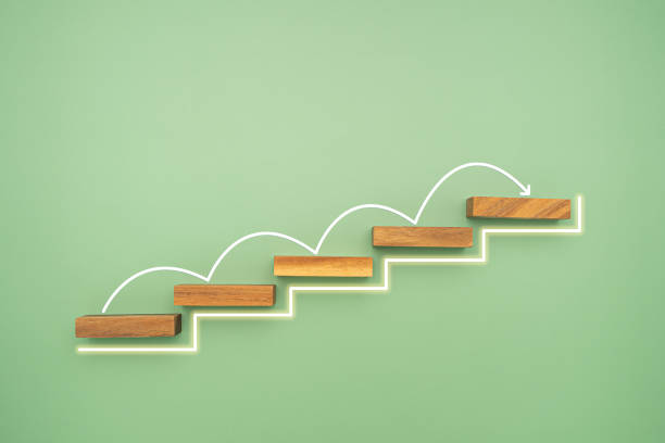 istock Wooden blocks stair with white line effect on a green background. 1477102840