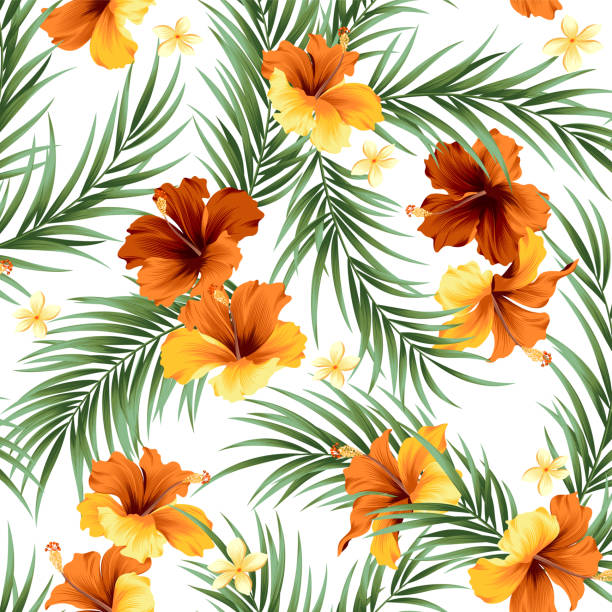 illustrazioni stock, clip art, cartoni animati e icone di tendenza di bellissimi fiori tropicali e piante senza cuciture, - camicia hawaiana