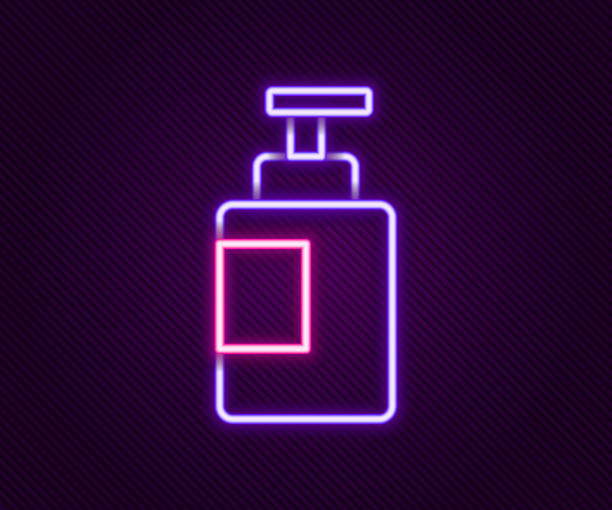 świecąca linia neonowa ikona butelki do dezynfekcji rąk izolowana na czarnym tle. koncepcja dezynfekcji. żel do prania. butelka z alkoholem do higieny. kolorowa koncepcja konturu. wektor - liquid soap purple isolated cosmetics stock illustrations