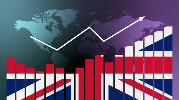 istock United Kingdom bar chart graph with ups and downs, increasing values, concept of economic recovery and business improving, businesses reopen, politics conflicts, war concept with flag 1477106819