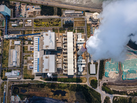 Vertical aerial view of the plant equipment of a large chemical factory