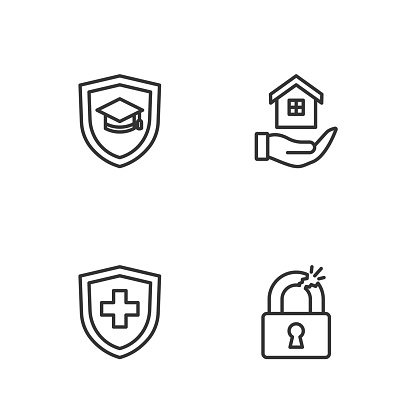 Set line Broken or cracked lock Life insurance with shield Graduation cap and House hand icon. Vector.