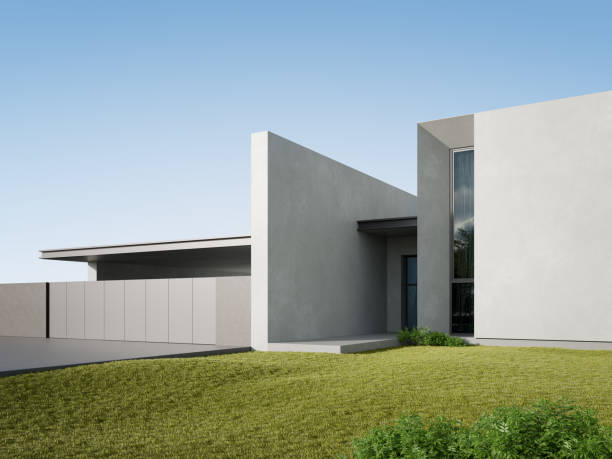 istock 3d rendering of white modern house with garage entrance, Minimal architecture. 1477109696