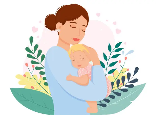 Vector illustration of Young mother holds her son with care and love. Happy Mothers Day concept with mom and small girl. Vector illustration. Modern flat style