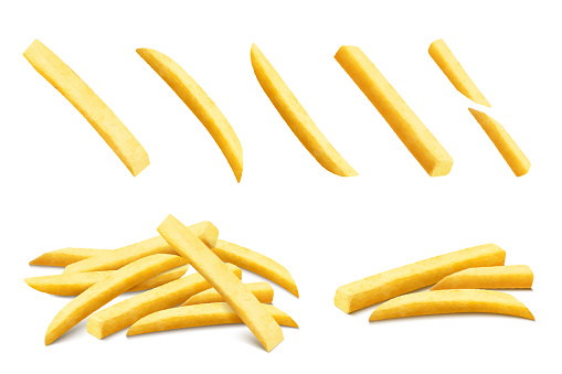 French fries set. Roasted potato chips in deep fat fry oil potatoes. Yellow sticks, isolated on white background. Fast Food. Unhealthy tasty food. Horizontal banner. Realistic 3d vector illustration.