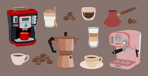 Set of coffee machines, coffee grinder, cezve and different coffee drinks. Hand drawn vector illustration isolated on brown background, modern flat style.