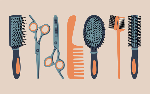 Set of haircut tools and accessories. Hair comb, hairbrush, scissors for barbershop. Hand drawn vector illustration isolated on light background, flat style.