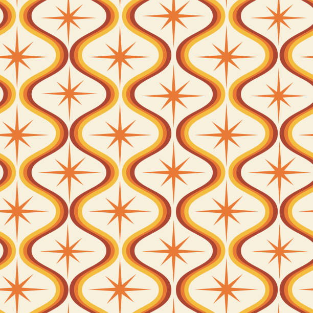 mid century moderne orange atomare starburst auf ogee ovale formen nahtloses muster in orange, gelb und burgunder. - modern art 1950s style contemporary shape stock-grafiken, -clipart, -cartoons und -symbole