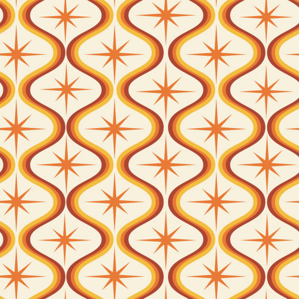 nowoczesny pomarańczowy atomowy wybuch gwiazdy z połowy wieku na owalnych kształtach ogee bez szwu w kolorze pomarańczowym, żółtym i bordowym. - wallpaper pattern wallpaper 1950s style ornate stock illustrations