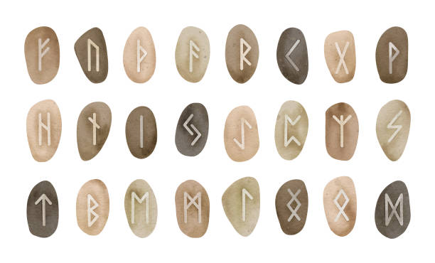 Set of runic stones with an alphabet. Magical, esoteric and occult symbols. Digital watercolor illustration in brown and sand colors Set of runic stones with an alphabet. Magical, esoteric and occult symbols. Digital watercolor illustration in brown and sand colors runes stock illustrations