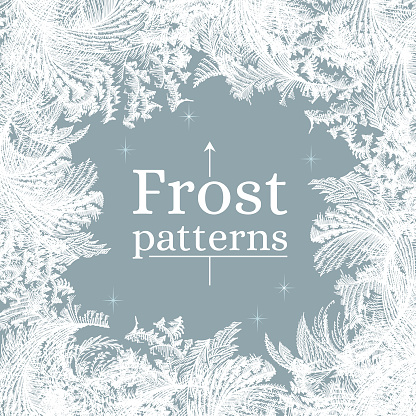 Frost ice window pattern, winter square design frame, fresh cool hand drawn complicated graphic background vector illustration