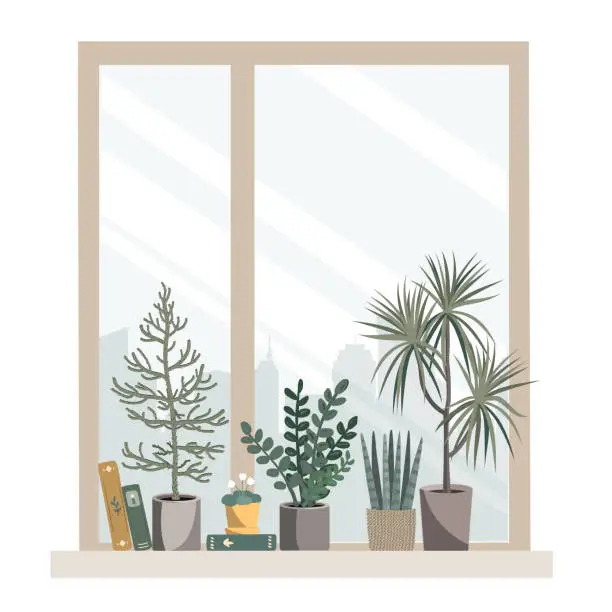 Vector illustration of Houseplants, and books on the windowsill. Indoor plants at the window, cozy home or office design element. Vector isolated illustration in a flat style.