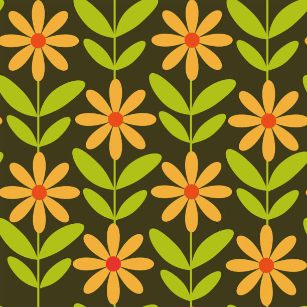 ilustraciones, imágenes clip art, dibujos animados e iconos de stock de flores naranjas retro mod con hojas verde lima patrón sin costuras sobre fondo oscuro. - lime green illustrations