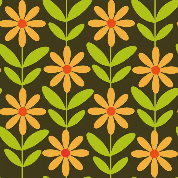 Vector illustration of Retro Mod orange flowers with lime green leaves seamless pattern on dark background.