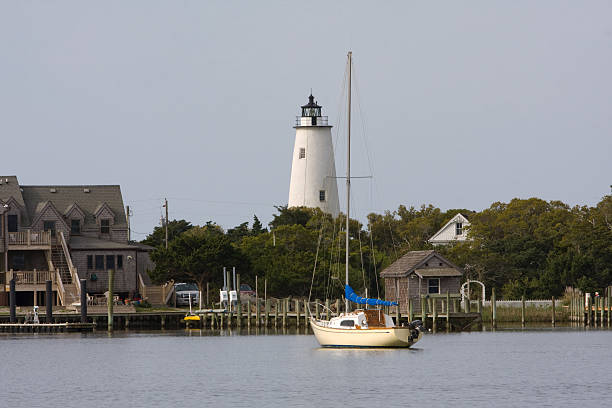 Ocracoke Island Harbor A view of Ocracoke Island lighthouse from across Ocracoke Island harbor. ocracoke lighthouse stock pictures, royalty-free photos & images