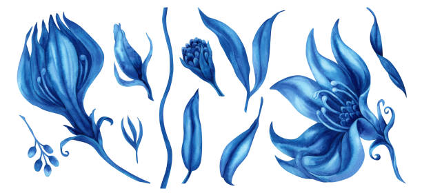 istock Hand-drawn watercolor illustration of abstract blue magic flowers and leaves for invitations, patterns, fabrics, wallpapers, stickers. Elements are isolated on a white background 1477119542