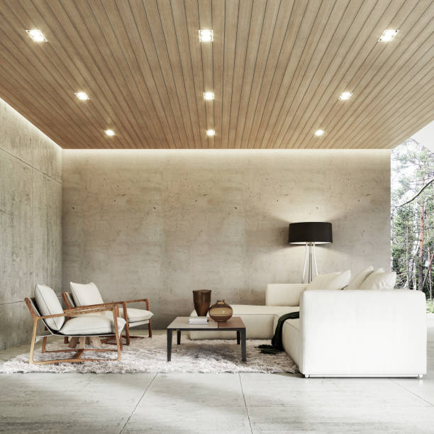 istock Living room. Modern home interior with empty concrete wall and wooden ceiling. 1477124790