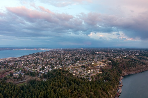 Aerial view of the Puget Sound and Tacoma, Washington from Defiance Point at sunset