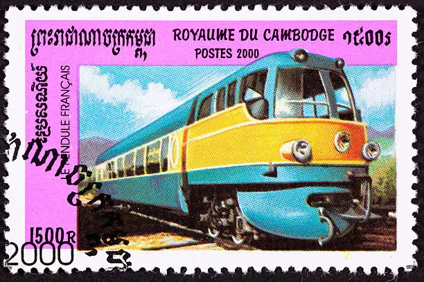 Photo of Canceled Cambodian Postage Stamp le Pendule Francais, 50s Diesel Engine