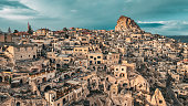 Aerial view of  Uchisar, Aerial view of cappadocia, Uçhisar castle, famous place of turkey, natural formation fairy chimneys, unesco heritage destination, Aerial view of Cappadocia, historical region in Central Anatolia, old settlement, village of stone