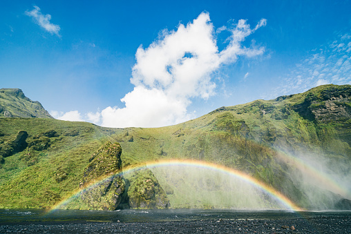Skogafoss waterfall in Iceland on a summer's day with toning. Rainbow in the spray of the Skogafoss waterfall in Iceland on a beautiful summer day.