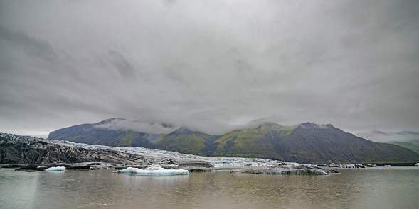 Skaftafellsjokull glacier lake in Iceland on a reainy day in black and white
