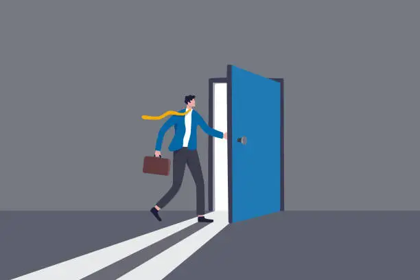 Vector illustration of Open the door to find new opportunity, new job or get out of comfort zone, hope to find success, way to exit, escape to bright future concept, businessman open the door to see bright light coming in.