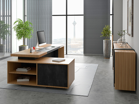 3D Render Office Room decoration . office furniture in office interior . side view
